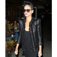 Rihanna in a structured, textured blazer source: credit http://stylerumor.com/blog/2009/08/07/rihanna-balmain-peak-shouldered-quilted-leather-jacket/