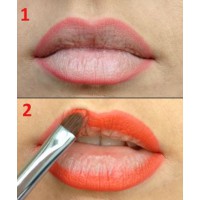 (1.) Line the lips (2.) Fill in with a lip brush