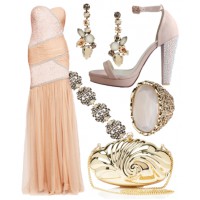 Dreamy neutral hues, gleaming gold and sparkling gems speak of refined glamour and elegance. This ethereal ensemble is perfect for a wedding or black tie affair.